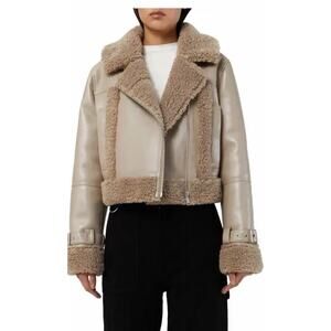 Apparis Jay Faux Leather & Faux Shearling Moto Jacket Taupe Sz M $465 NWT